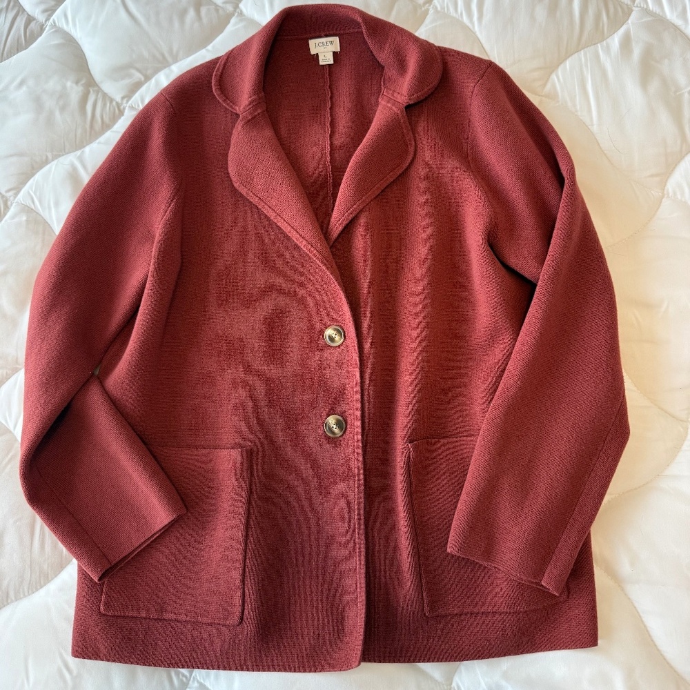 J Crew Women’sKnit Sweater Blazer Cardigan Rust Red 2 Button Front Pockets L EUC